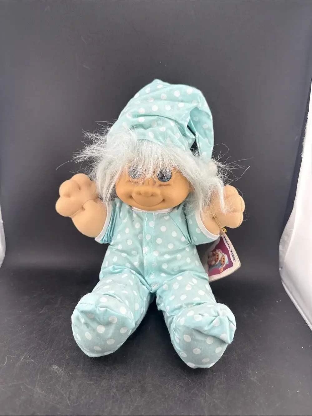 Vtg Russ Troll Kidz Spanky Doll Blue White Polka Dot Pajamas Nightcap Plush 12